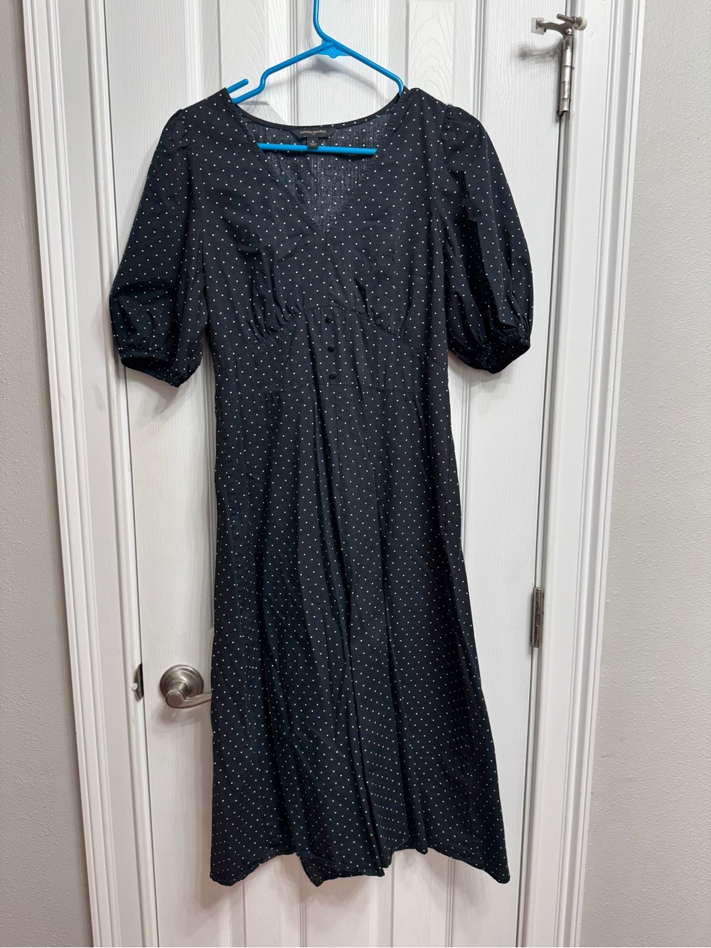Banana Republic Black Polka Dot Puff-Sleeve Midi Dress
